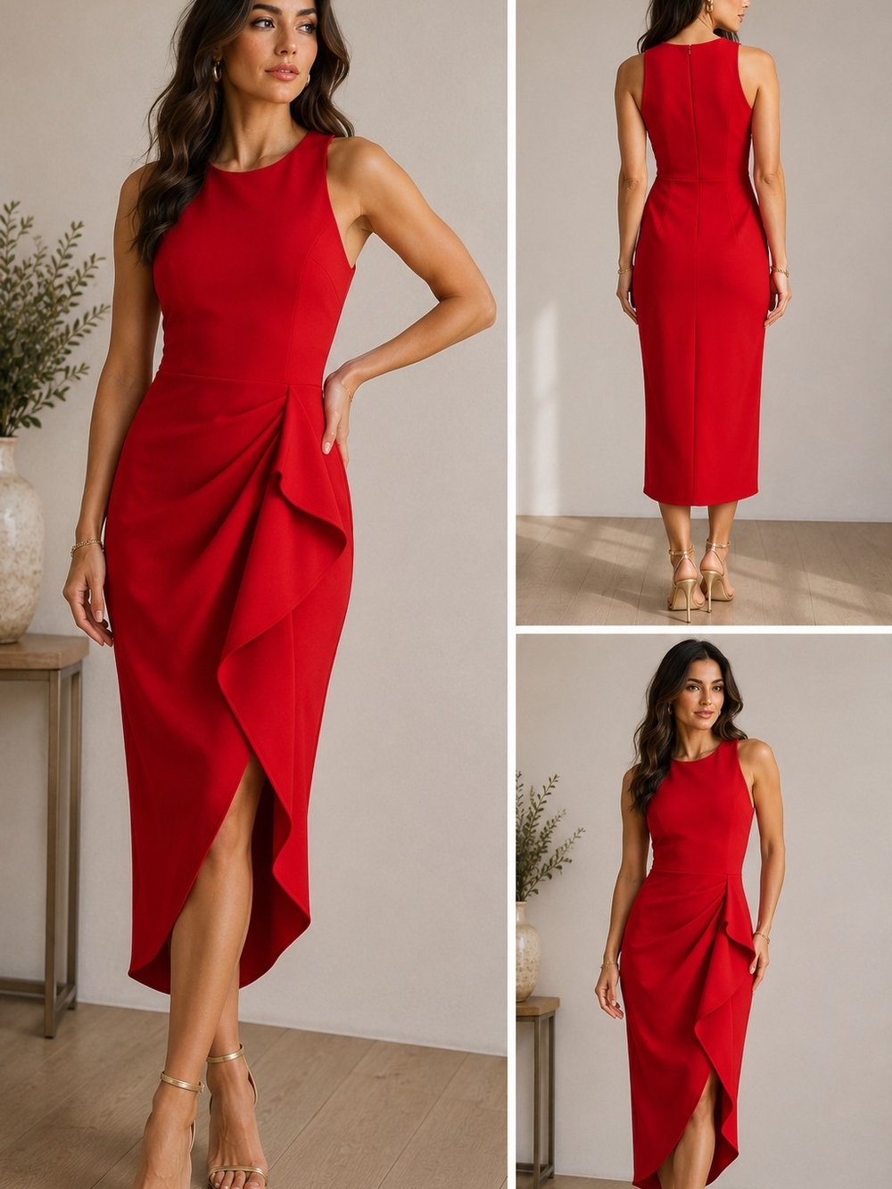 Aqua Red Sleeveless Midi Dress with Draped Side Ruffle